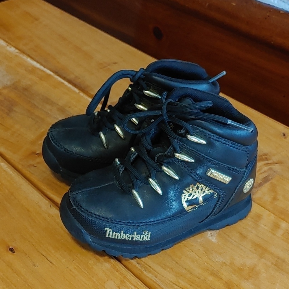 Toddler Timberland Black & Gold Leather Euro Sprint Jr. Hiking Boots
